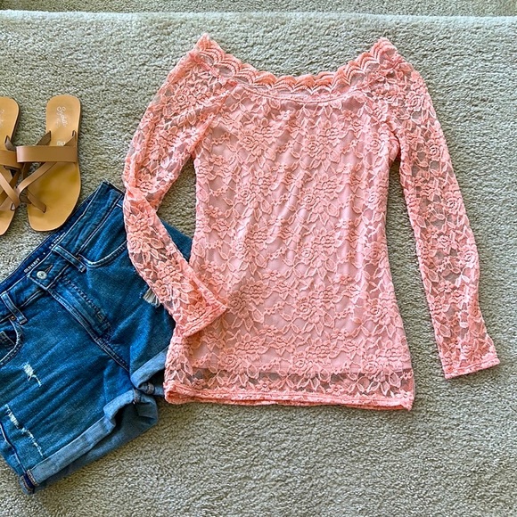 Peach Long Sleeve Lace Top - Picture 4 of 9